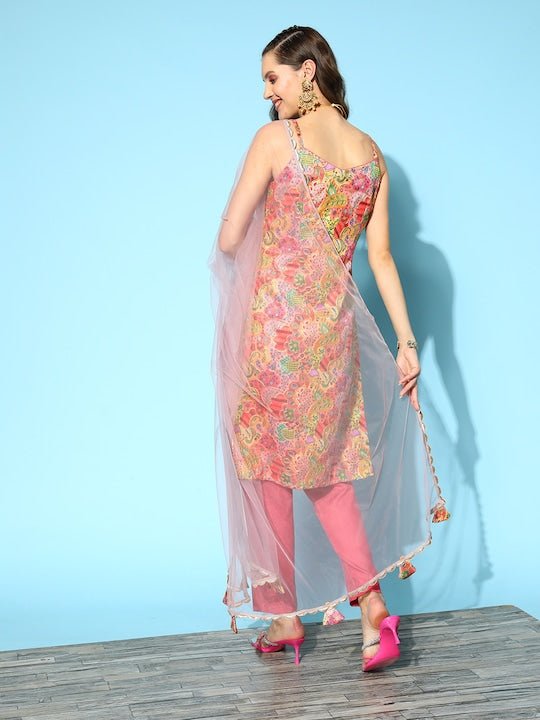 Women Floral Embroidered Thread Work Kurta with Trousers & With Dupatta - Inddus.com