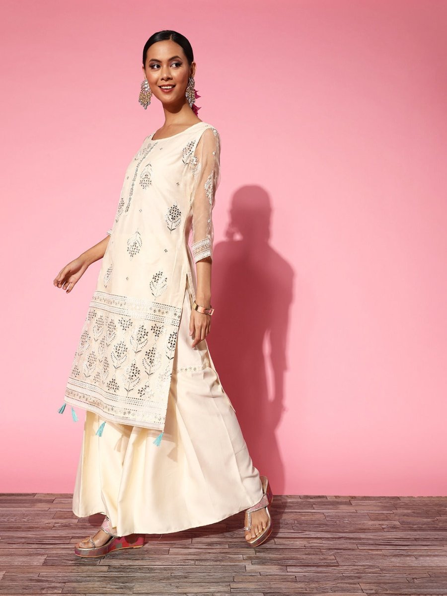 Women Floral Organza Ethereal Embroidery Kurta Set - Inddus.com