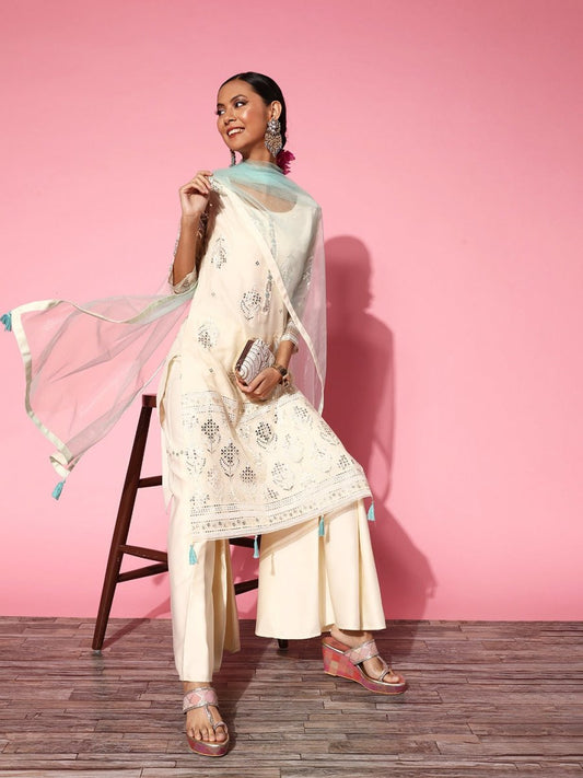 Women Floral Organza Ethereal Embroidery Kurta Set - Inddus.com