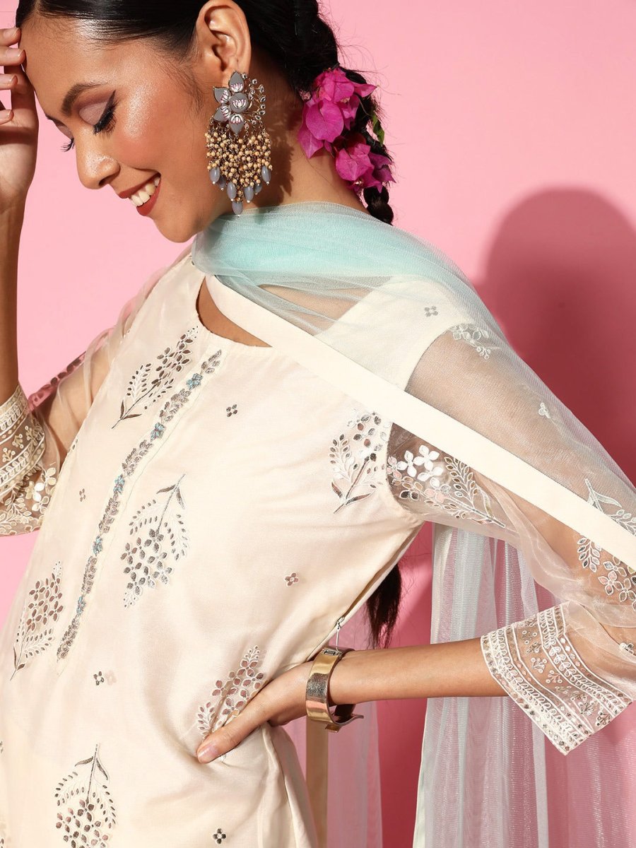 Women Floral Organza Ethereal Embroidery Kurta Set - Inddus.com