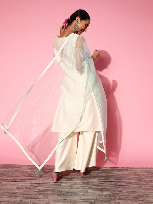 Women Floral Organza Ethereal Embroidery Kurta Set - Inddus.com