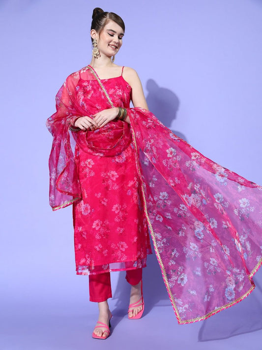 Women Floral Organza Print Parade Kurta Set - Inddus.com