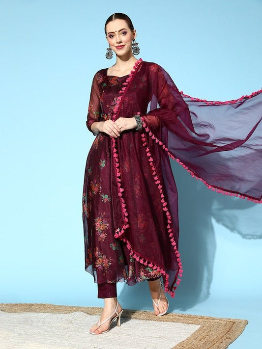 Women Floral Organza Swirling Volume Kurta Set - Inddus.com