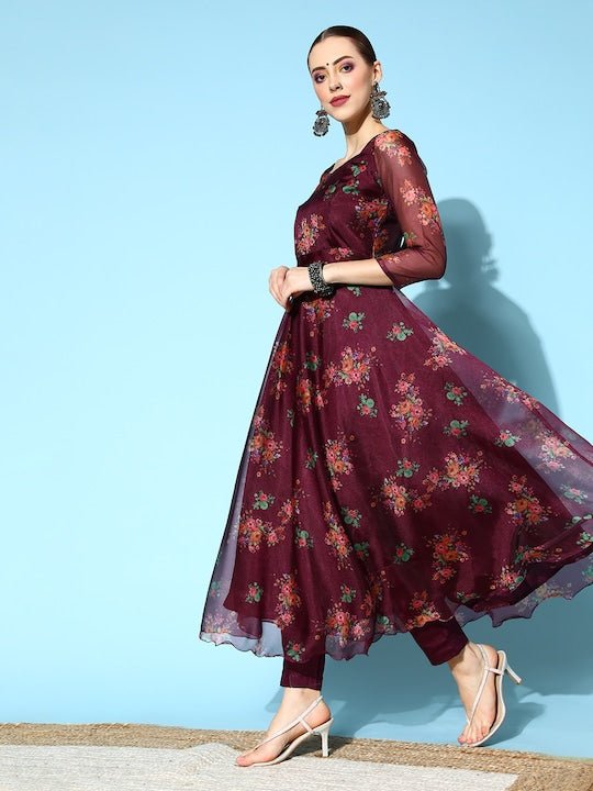 Women Floral Organza Swirling Volume Kurta Set - Inddus.com