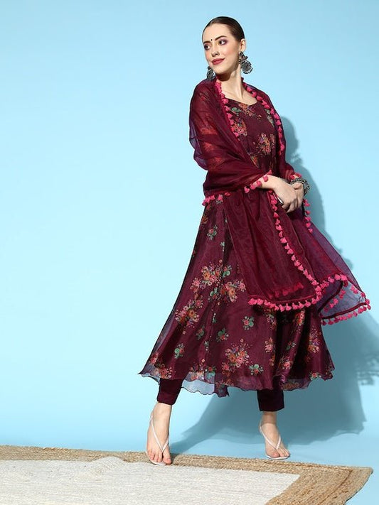 Women Floral Organza Swirling Volume Kurta Set - Inddus.com