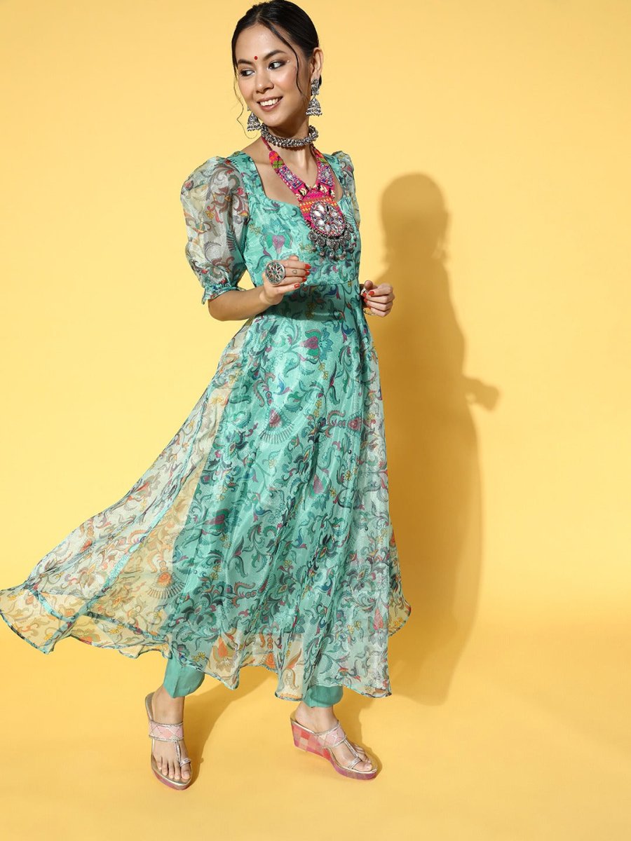 Women Floral Organza Swirling Volume Kurta Set - Inddus.com