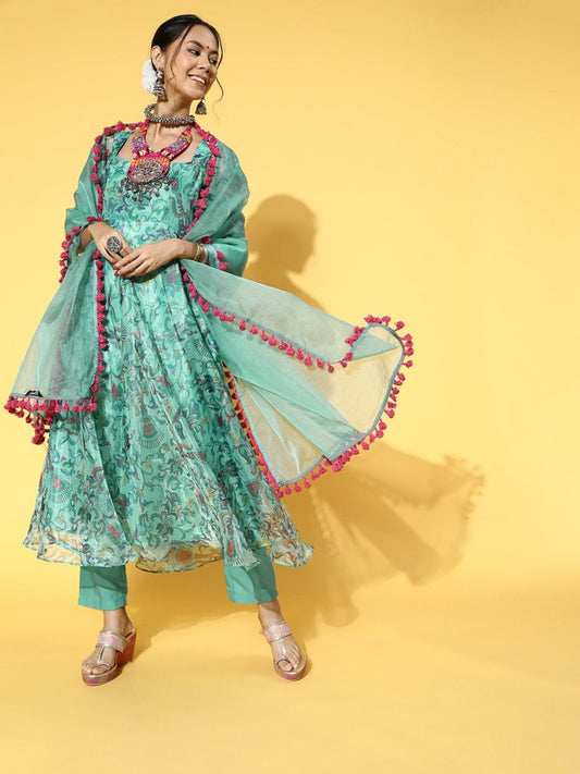 Women Floral Organza Swirling Volume Kurta Set - Inddus.com