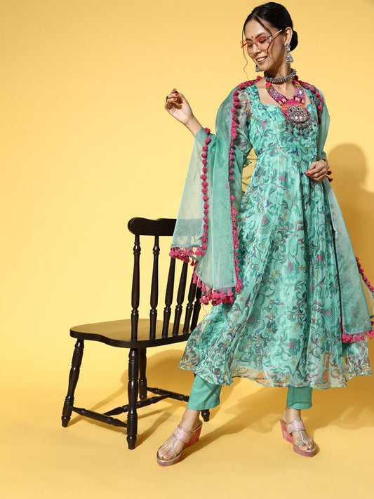 Women Floral Organza Swirling Volume Kurta Set - Inddus.com