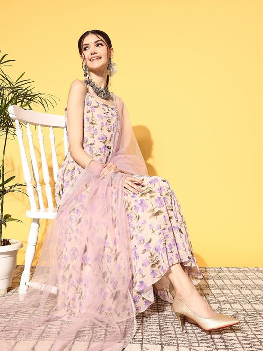 Women Floral Poly Chiffon Swirling Volume Kurta Set - Inddus.com