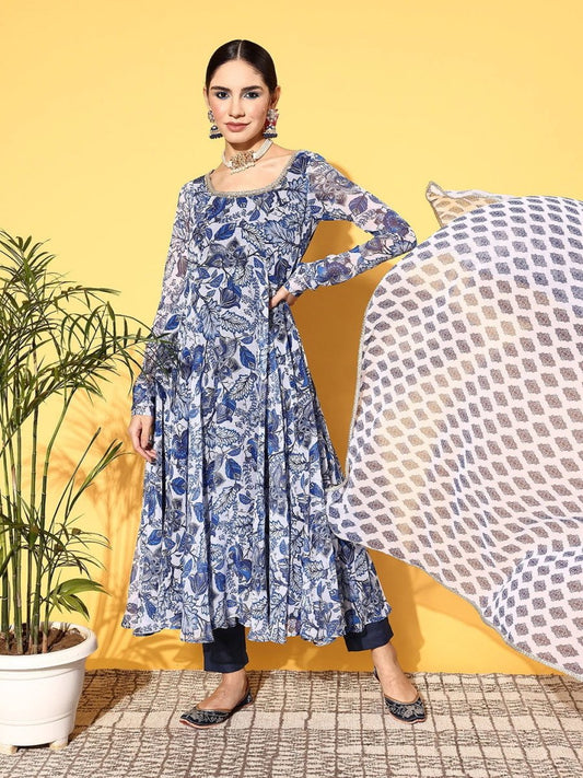 Women Floral Poly Chiffon Swirling Volume Kurta Set - Inddus.com