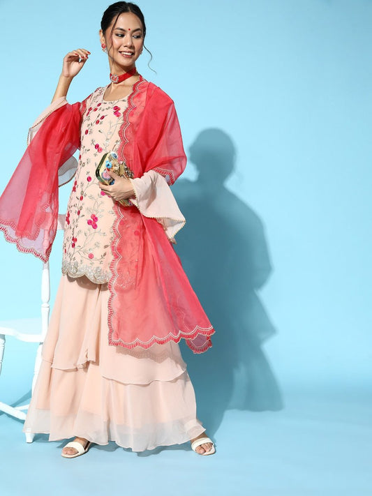 Women Floral Poly-Georgette Ethereal Embroidery Kurta Set - Inddus.com