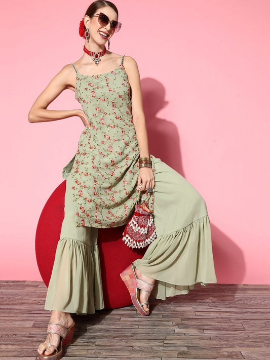 Women Floral Poly-Georgette Ethereal Embroidery Kurta Set - Inddus.com