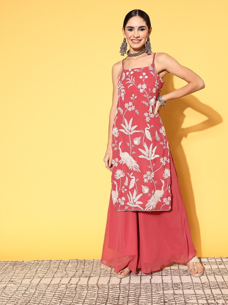 Women Floral Poly Georgette Ethereal Embroidery Kurta Set - Inddus.com