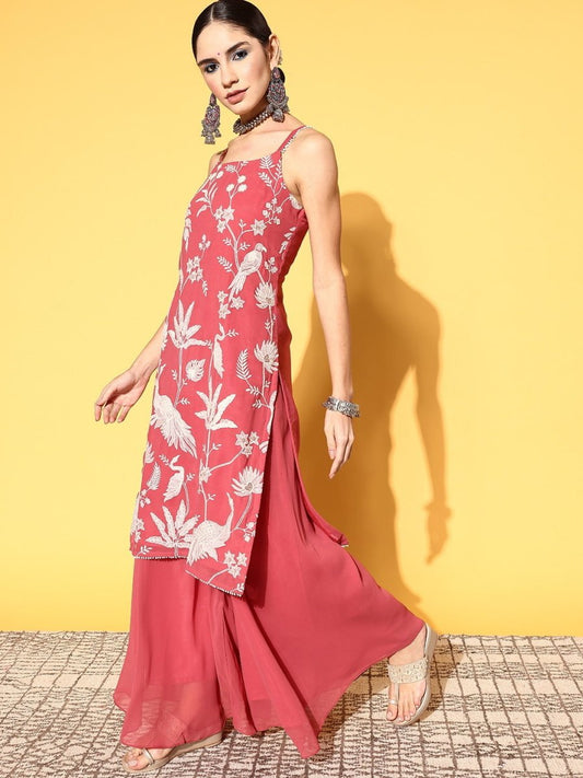 Women Floral Poly Georgette Ethereal Embroidery Kurta Set - Inddus.com