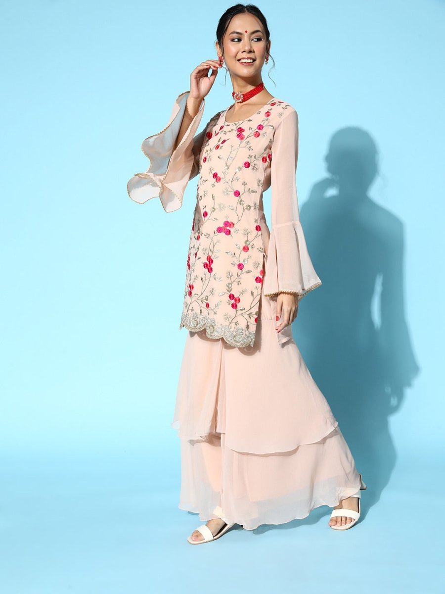 Women Floral Poly-Georgette Ethereal Embroidery Kurta Set - Inddus.com