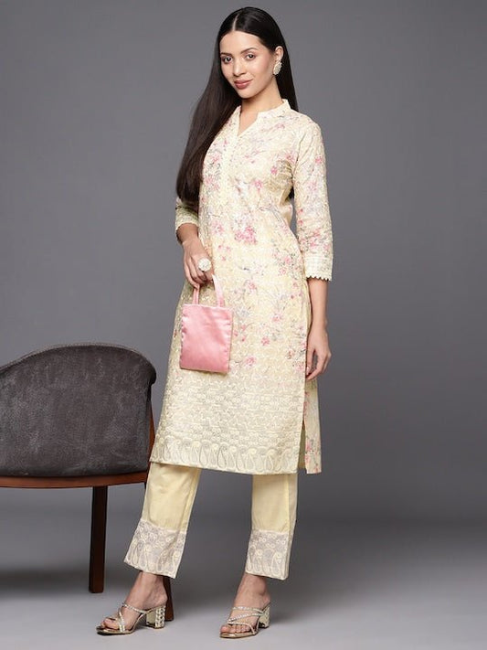 Women Floral Print with Embroidery Chikankari Cotton Kurta with Trousers - Inddus.com