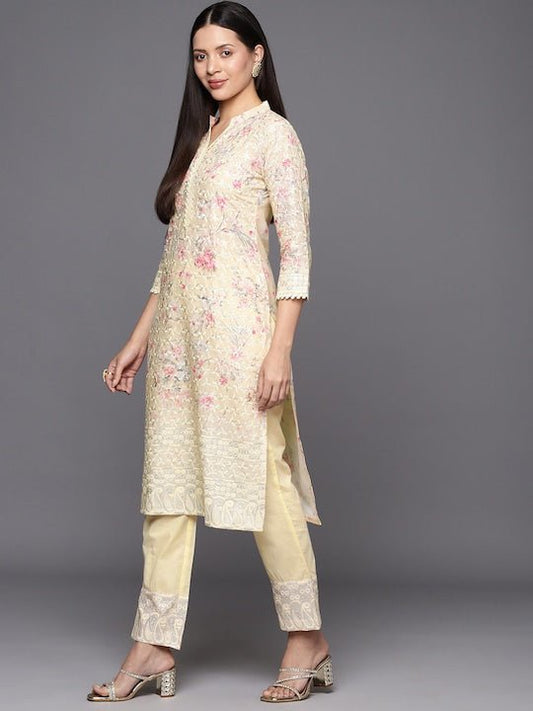 Women Floral Print with Embroidery Chikankari Cotton Kurta with Trousers - Inddus.com