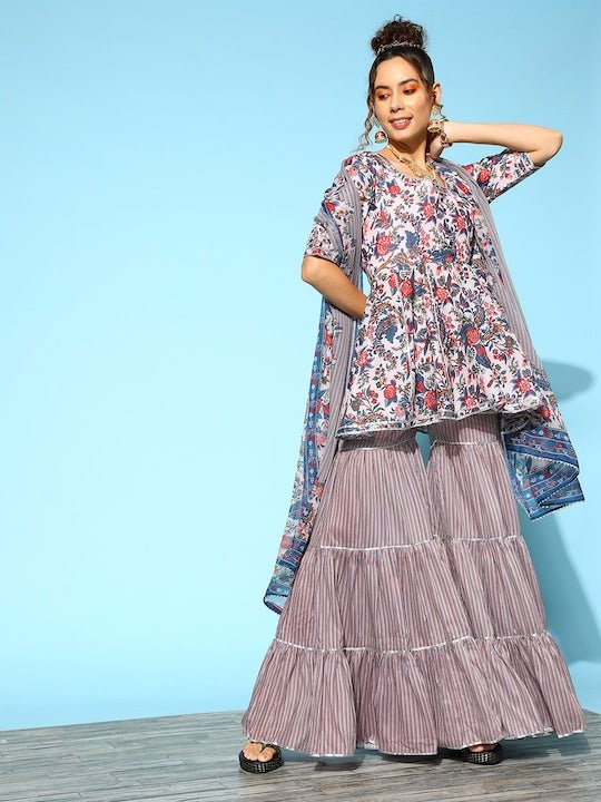 Women Floral Printed Gotta Patti Kurta with Sharara & With Dupatta - Inddus.com