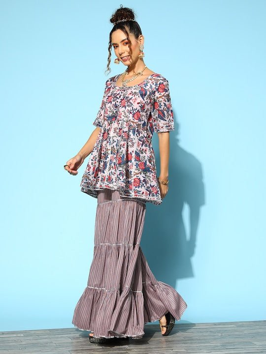 Women Floral Printed Gotta Patti Kurta with Sharara & With Dupatta - Inddus.com