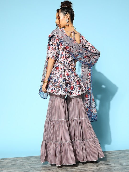 Women Floral Printed Gotta Patti Kurta with Sharara & With Dupatta - Inddus.com