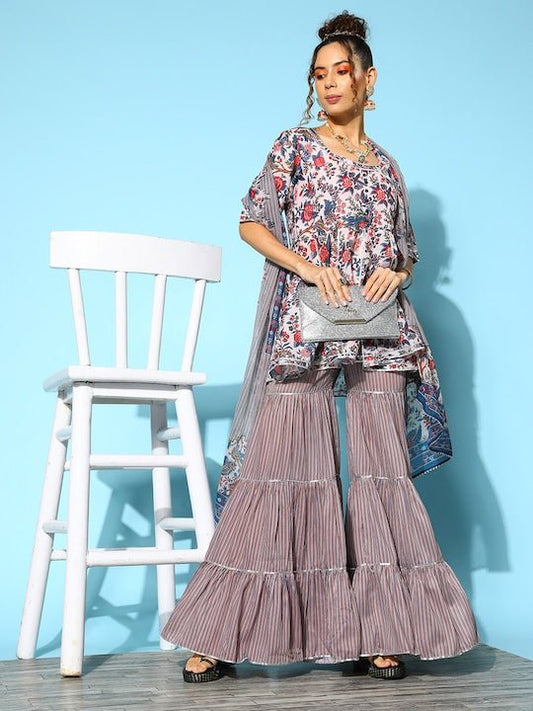 Women Floral Printed Gotta Patti Kurta with Sharara & With Dupatta - Inddus.com