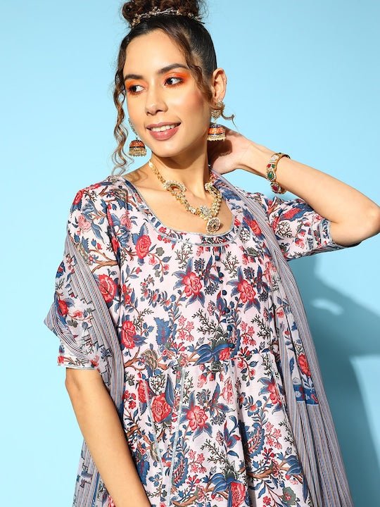 Women Floral Printed Gotta Patti Kurta with Sharara & With Dupatta - Inddus.com