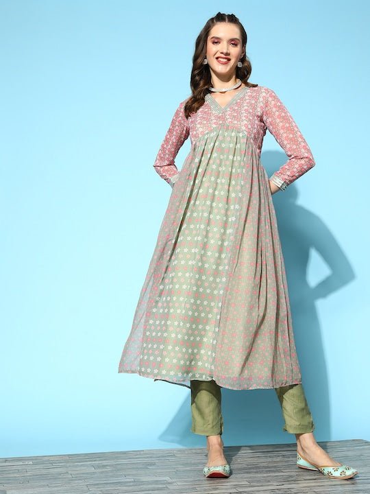 Women Floral Printed Gotta Patti Kurta with Trousers - Inddus.com