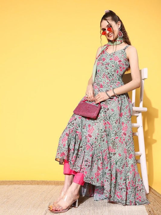 Women Floral Printed Tiering Georgette Kurta With Dupatta - Inddus.com