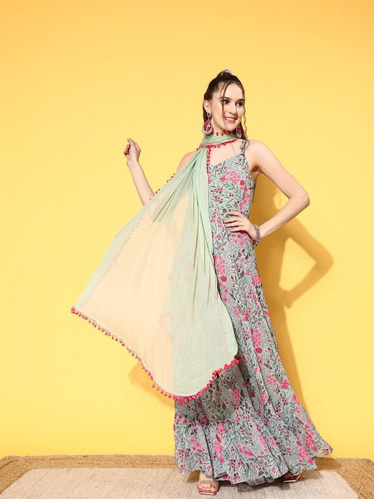 Women Floral Printed Tiering Georgette Kurta With Dupatta - Inddus.com