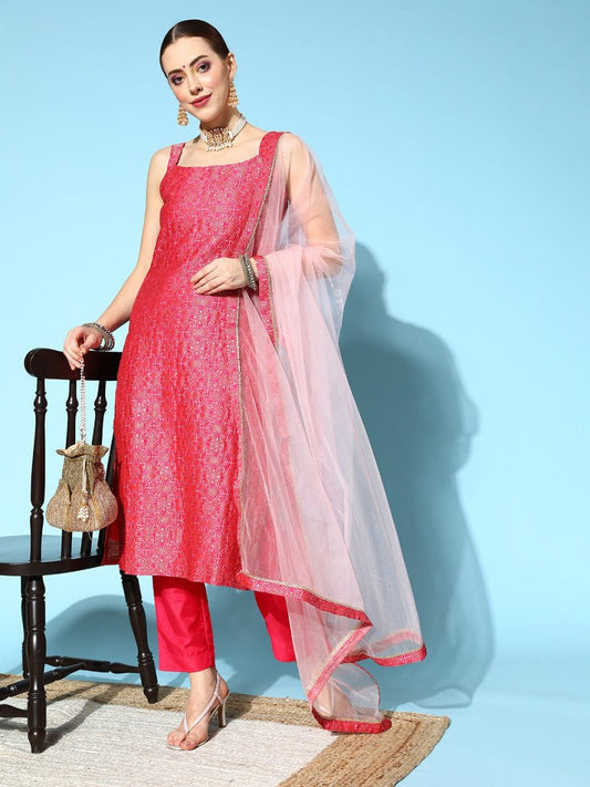 Women Floral Silk Blend Ethereal Embroidery Kurta Set - Inddus.com