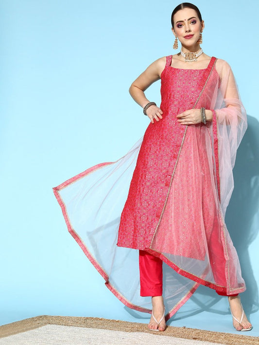 Women Floral Silk Blend Ethereal Embroidery Kurta Set - Inddus.com