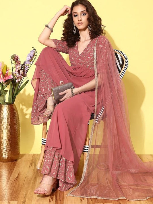 Women Floral Yoke Design Pleated Sequinned Kurti with Sharara & With Dupatta - Inddus.com