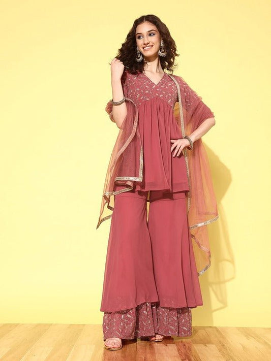 Women Floral Yoke Design Pleated Sequinned Kurti with Sharara & With Dupatta - Inddus.com