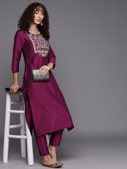 Women Floral Yoke Design Thread Work Kurta With Trousers - Inddus.com