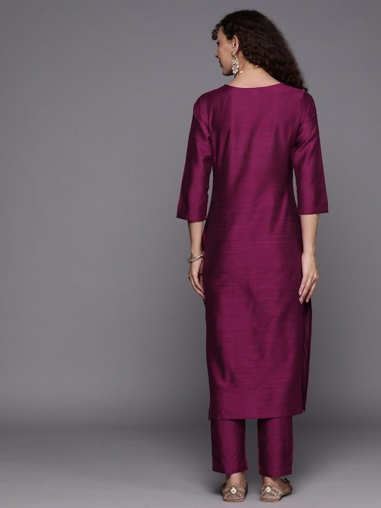 Women Floral Yoke Design Thread Work Kurta With Trousers - Inddus.com