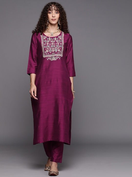 Women Floral Yoke Design Thread Work Kurta With Trousers - Inddus.com