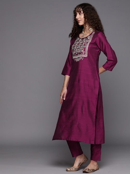 Women Floral Yoke Design Thread Work Kurta With Trousers - Inddus.com