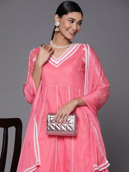 Women Gajri Pink Embroidered Thread Work Kurta with Dupatta - Inddus.com