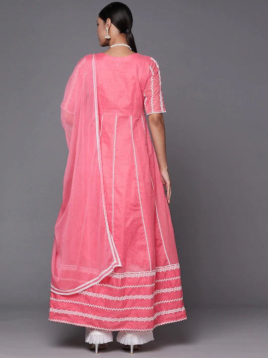 Women Gajri Pink Embroidered Thread Work Kurta with Dupatta - Inddus.com