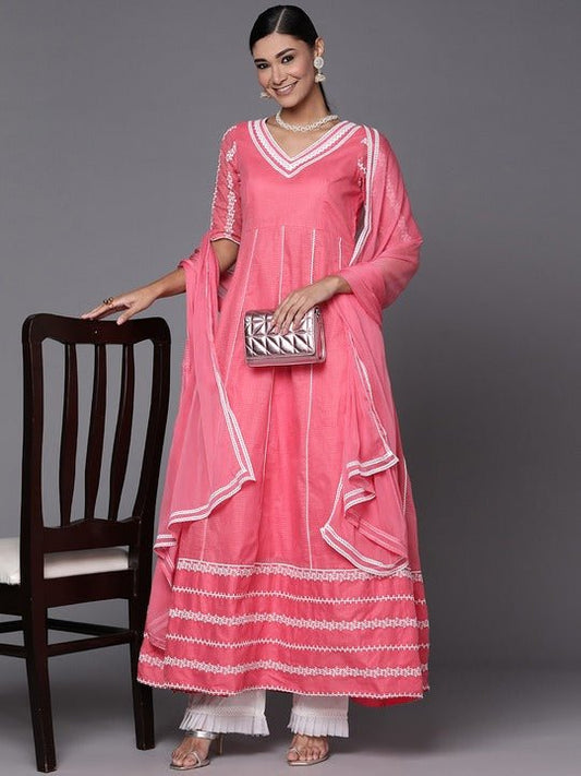 Women Gajri Pink Embroidered Thread Work Kurta with Dupatta - Inddus.com