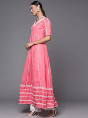 Women Gajri Pink Embroidered Thread Work Kurta with Dupatta - Inddus.com