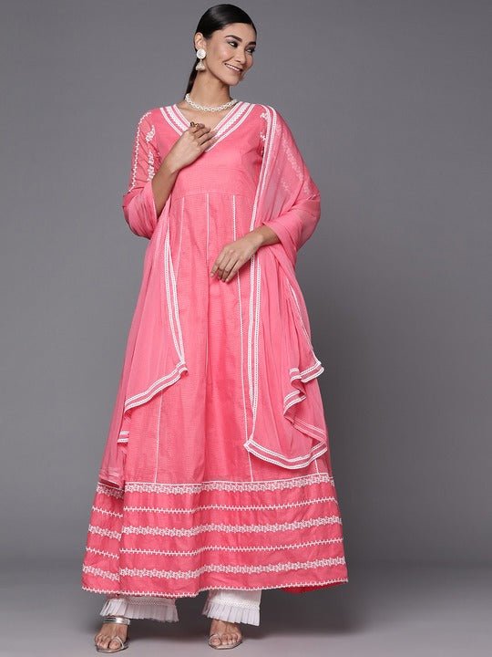 Women Gajri Pink Embroidered Thread Work Kurta with Dupatta - Inddus.com