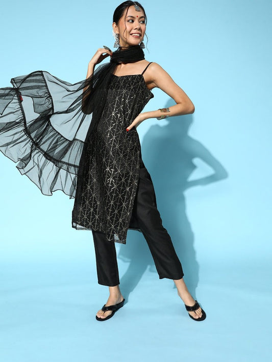 Women Geometric Net Bling it On Kurta Set - Inddus.com