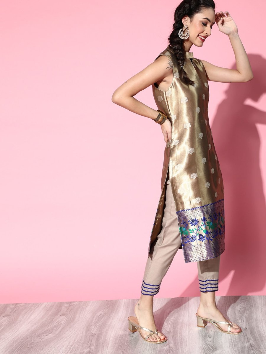 Women Gold-Toned Floral Brocade Woven Design Gotta Patti Silk Blend Kurta Set - Inddus.com