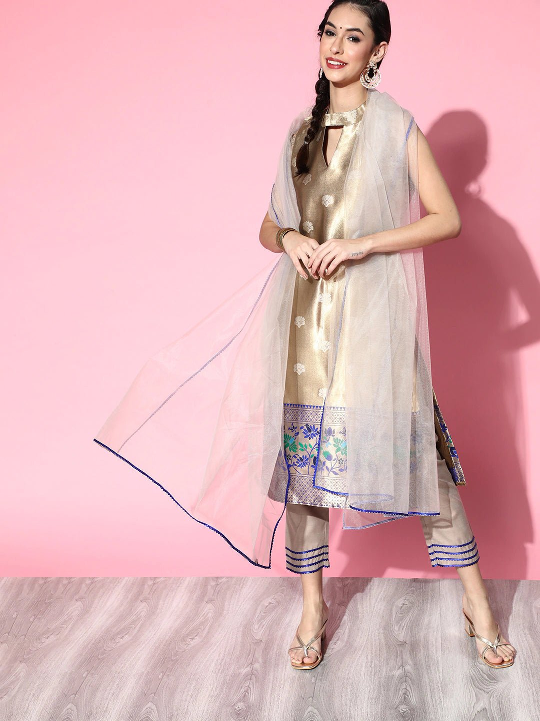 Women Gold-Toned Floral Brocade Woven Design Gotta Patti Silk Blend Kurta Set - Inddus.com