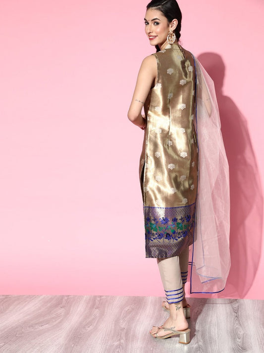 Women Gold-Toned Floral Brocade Woven Design Gotta Patti Silk Blend Kurta Set - Inddus.com