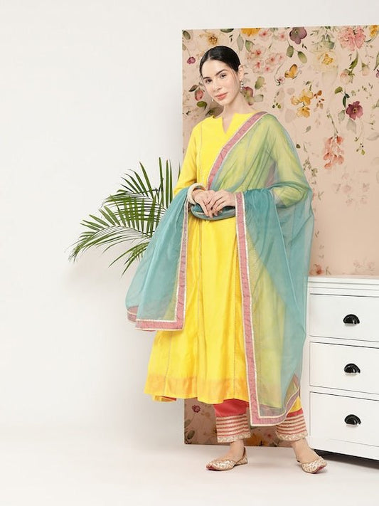 Women Gotta Patti Chanderi Cotton Kurta With Trousers & Dupatta - Inddus.com