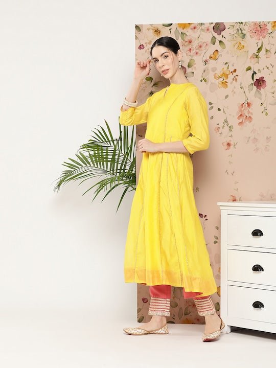 Women Gotta Patti Chanderi Cotton Kurta With Trousers & Dupatta - Inddus.com