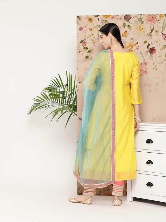 Women Gotta Patti Chanderi Cotton Kurta With Trousers & Dupatta - Inddus.com