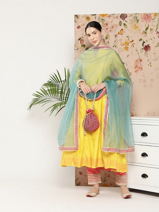 Women Gotta Patti Chanderi Cotton Kurta With Trousers & Dupatta - Inddus.com